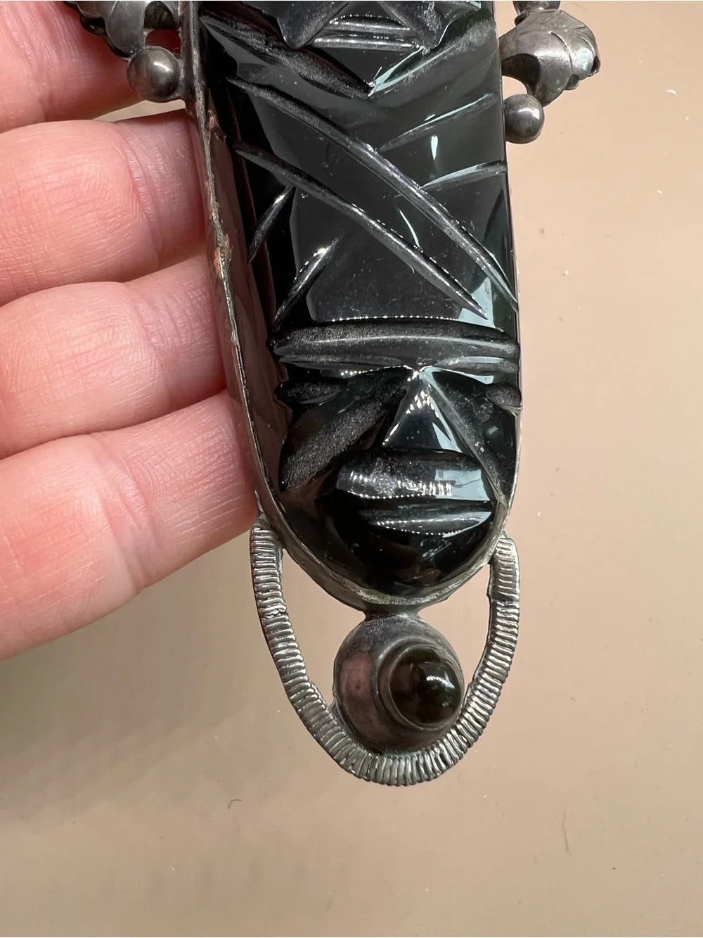 VTG mid-century Mexican sterling silver hand-carved black onyx or obsidian pin